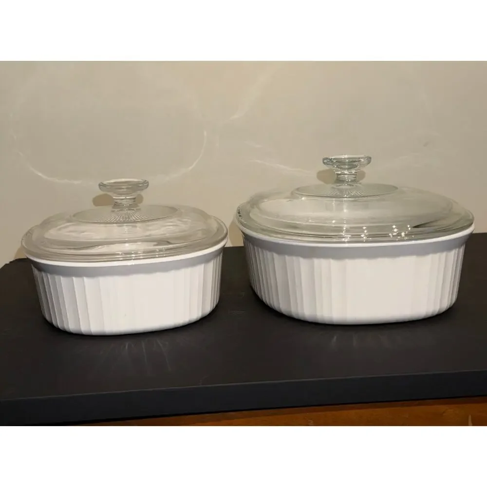 Vintage Set of 4 Corningware French White 1.8L 2.8L Oval Cookware w/Pyrex Lids